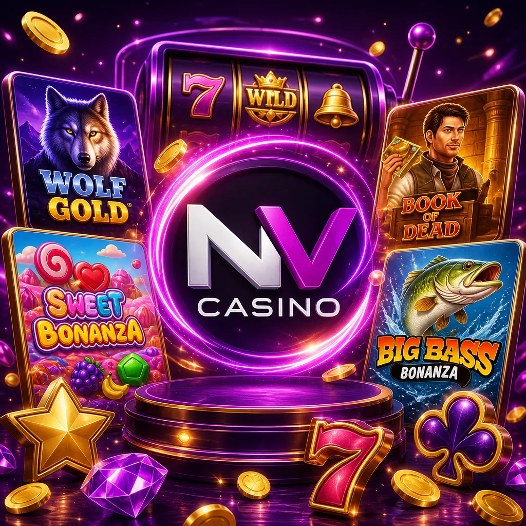 NV Casino brand promo image with logo, purple-magenta neon, gold accents, and slot-card visuals in a premium iGaming atmosphe